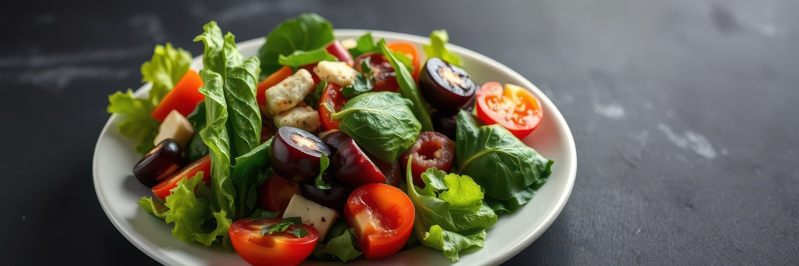Fresh garden salad with cherry tomatoes, olives, and feta cheese served on a white plate